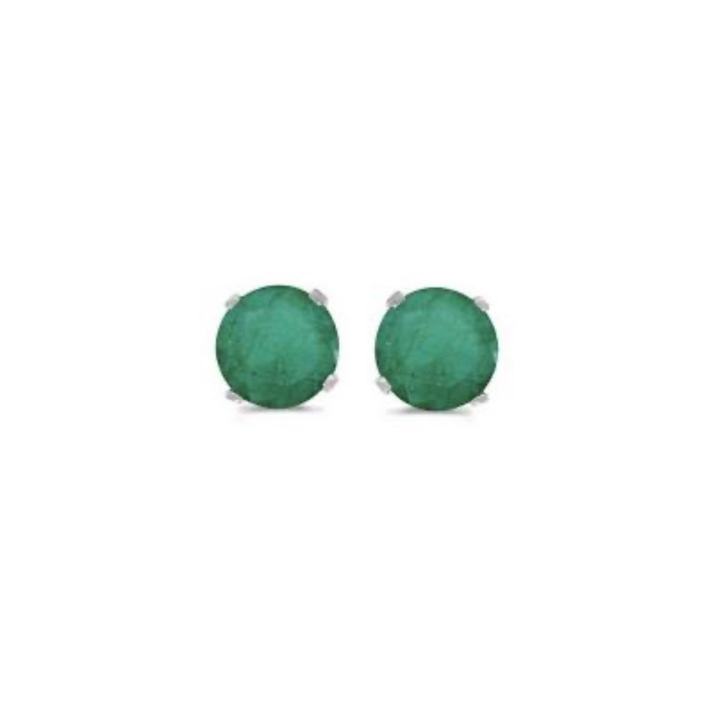 14k solid White Gold Round Faceted Genuine Emerald Stud Earrings